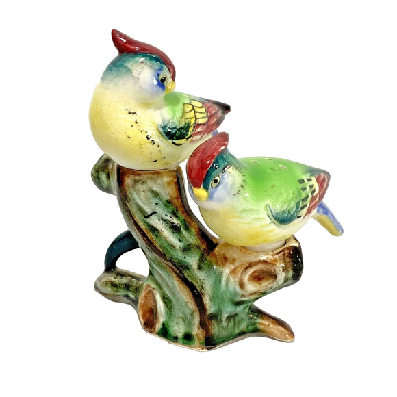 Vintage Salt & Pepper Shakers Set Birds on Branch 3pc Set Porcelain Decorative - Picture 8 of 8